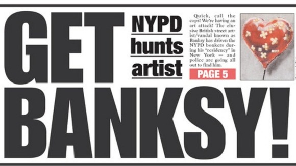 The front page of Thursday's New York Post stating that police are hunting Banksy for vandalism.