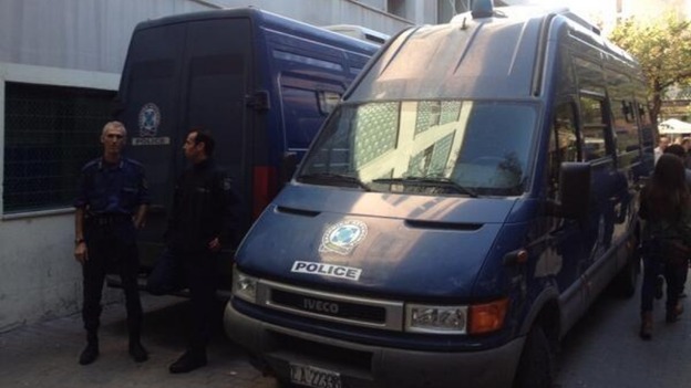 The van that transported the Roma couple to court.