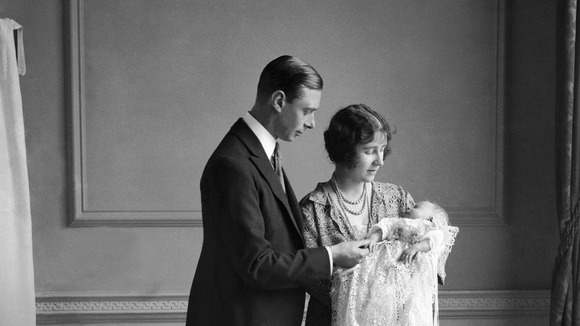 The Queen Mother,with her husband King George VI (then the Duke of York) and their daughter Princess Elizabeth at her christening.