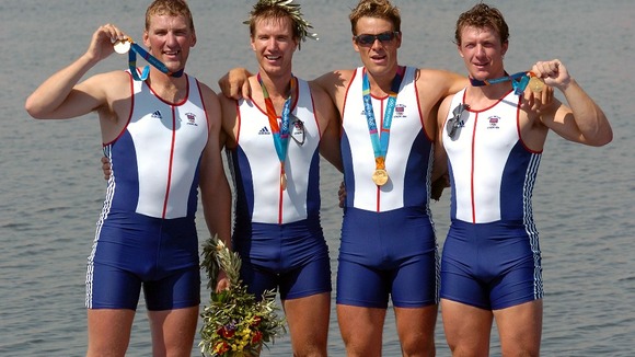 James Cracknell and the crew of the coxless fours celebrate their Olympic golds in Athens in 2004.