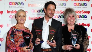 Lesley Dunlop, Dominic Power and Jane Cox with the 'Best Soap' award, at the 2013 Inside Soap Awards