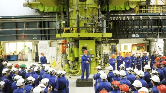David Cameron delivers a speech to workers in the Charge Hall at Hinkley Point B