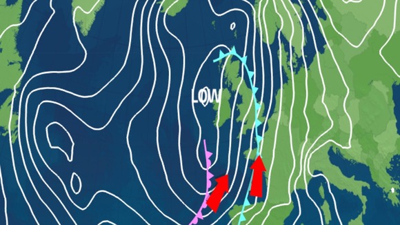 frontal pressure chart showing Tuesday's cold front