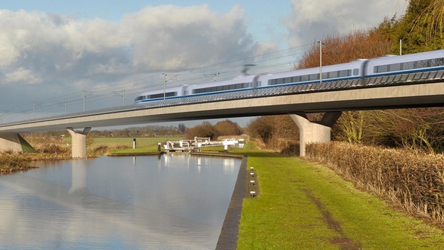 An artist's impression of the new HS2 rail line speeding through the countryside