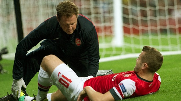 Arsenal's Jack Wilshere gets medical treatment during the Champions League