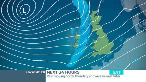 SATURDAY: Showery rain spreading eastwards