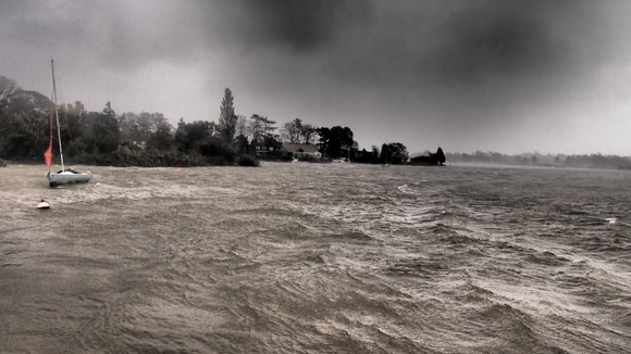 Stormy waters at Oulton Broad Bay in Suffolk this morning.