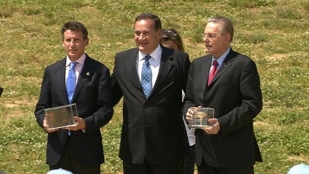 Lord Coe with Spyros Capralos and Jacques Rogge in Olympia, Athens.