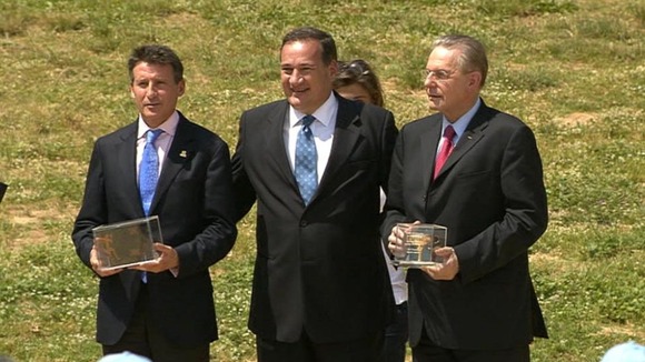 Lord Coe with Spyros Capralos and Jacques Rogge in Olympia, Athens