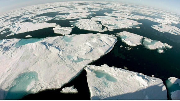 Ice floes float in Baffin Bay above the Arctic circle.