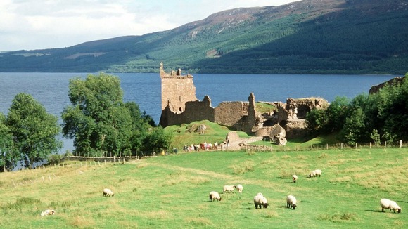 The view of Urquhart Castle on the bank of Loch Ness in Drumnadrochit, Scotland.