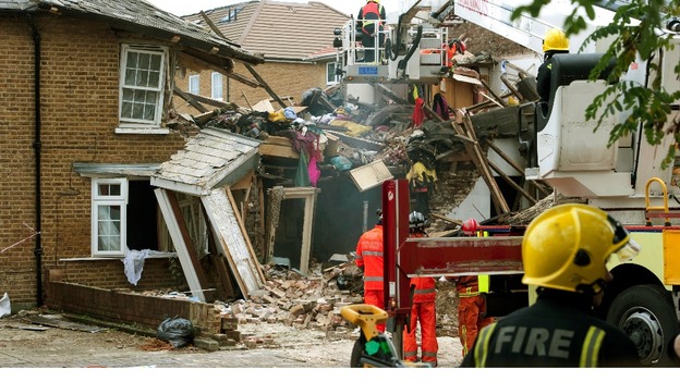 One tree devastated three houses and damaged two others when it fell on a gas main and led to an explosion.