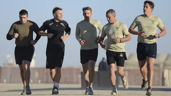 Gary Barlow on a five kilometre run with British troops at Camp Bastion, Afghanistan