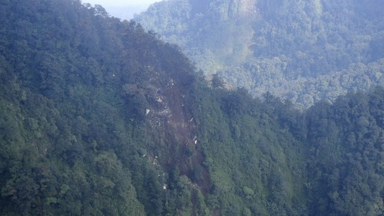A view of the wreckage of the Russian Sukhoi Superjet 100 aircraft in Mount Salak, West Java province