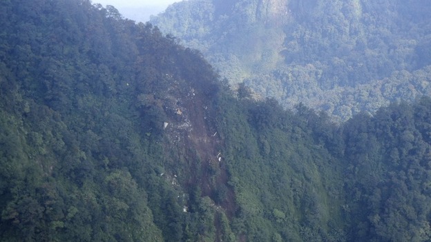 A view of the wreckage of the Russian Sukhoi Superjet 100 aircraft in Mount Salak, West Java province