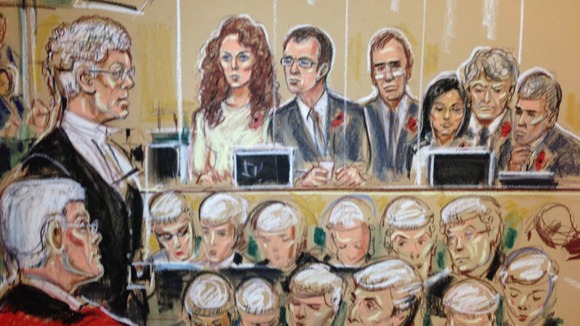 Andrew Edis QC, Rebekah Brooks, Andy Coulson, Clive Goodman , Cheryl Carter, Charlie Brooks and Mark Hanna.