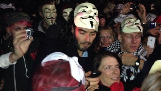 Russell Brand has been pictured with an Anonymous mask during the Million Mask March.