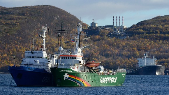 Greenpeace ship "Arctic Sunrise" is seen anchored outside the Arctic port city of Murmansk.