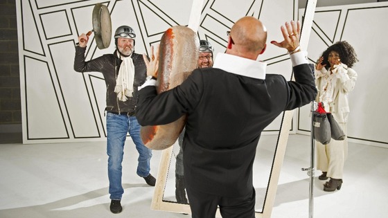 The Hairy Bikers Si King and Dave Myers with Sinitta and Harry Hill filming a spoof of Take On Me by A-Ha.