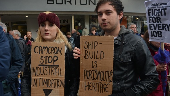 Demonstarors at a rally in Portsmouth city centre supporting the 940 BAE workers who are to lose their job at the city's shipyard.