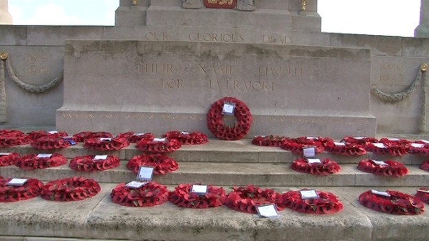Poppy wreaths at Norwich's war memorial