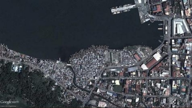 Before (above) and after Typhoon Haiyan in an area of Tacloban City