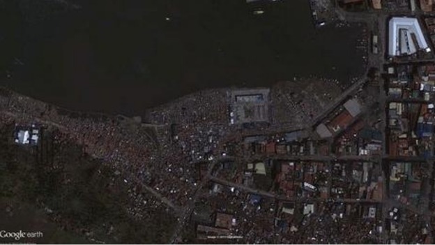 Before (above) and after Typhoon Haiyan in an area of Tacloban City