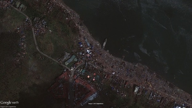Before (above) and after Typhoon Haiyan in an area of Tacloban City