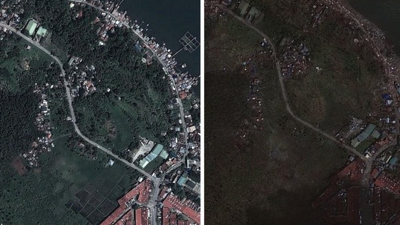 Before (left) and after Typhoon Haiyan hit Tacloban in the central Philippines