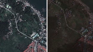 Before (left) and after Typhoon Haiyan hit Tacloban in the central Philippines