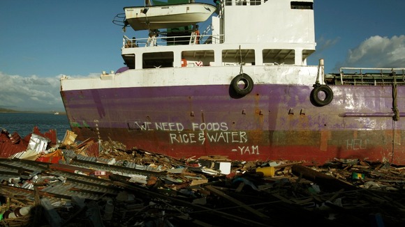 A ship that has been washed ashore in Tacloban, Philippines