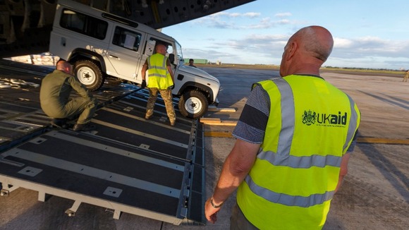 The RAF C-17 plane two JCB diggers, two Land Rovers and a forklift truck.
