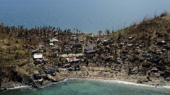 An area of devastation on a small island, taken by HMS Daring's Lynx helicopter.