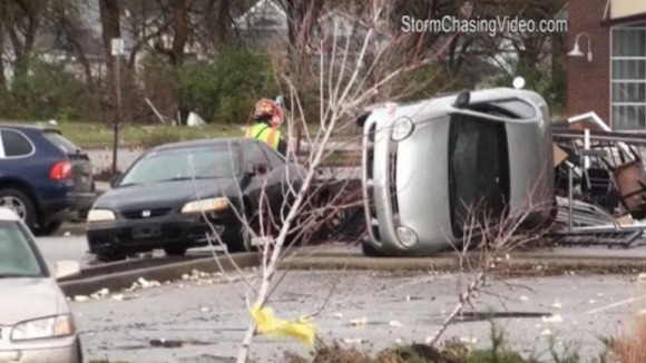 An overturned car in Lebanon, Indiana