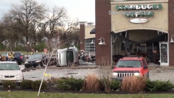 Tornado damage in car park in Lebanon, Indiana