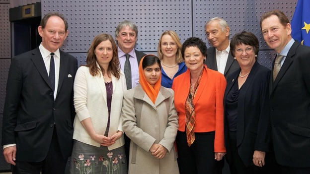Malala with Phil Bennion MEP and members of the Alliance of Liberal Democrats for Europe (ALDE) group