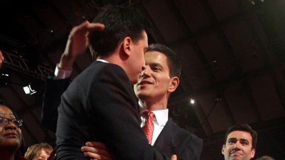 Ed Miliband being congratulated by his brother David when it was announced he had won the race for Labour leader.
