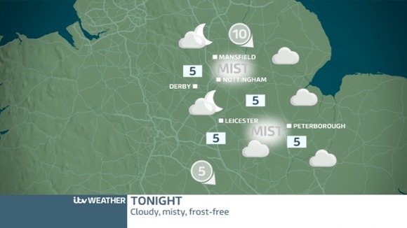 TONIGHT EAST MIDLANDS: Dry and cloudy with mist patches