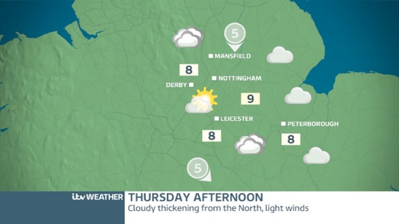 THURSDAY EAST MIDLANDS: Cloudy, mostly dry