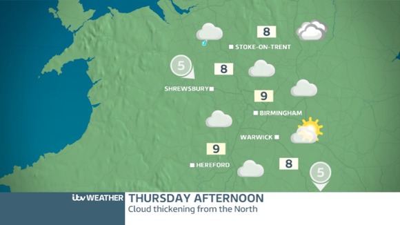 THURSDAY WEST MIDLANDS: Cloudy, some drizzle, mostly dry