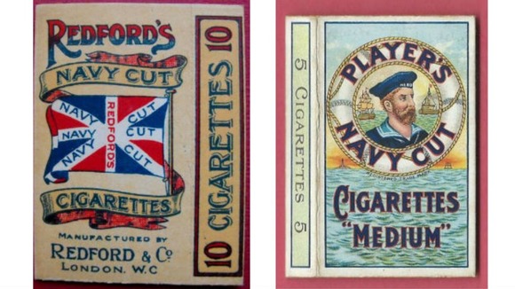 A Redford's packet from 1910, left, and a Players packet from the 1920s.