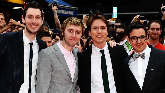 Blake Harrison, James Buckley, Joe Thomas and Simon Bird pictured arriving for the world premiere of The Inbetweeners Movie.