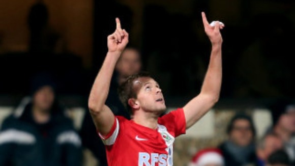 Former Ipswich striker Jordan Rhodes celebrates scoring on his return to Portman Road.