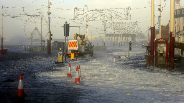 Blackpool Main Promenade under flood water following high tide and a tidal surge.