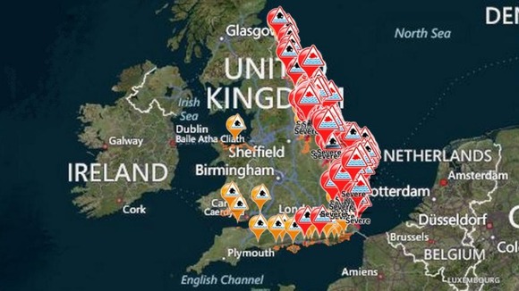 Severe flood warnings (red on red), flood warnings (black on red) and floor alerts (yellow)
