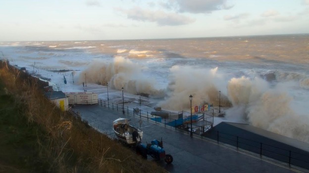 Waves batter Cromer at 8am.