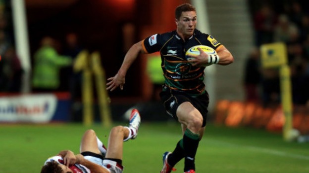 George North races for the line against Sale Sharks.