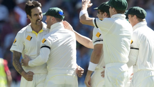Mitchell Johnson celebrates taking Alastair Cook's wicket.
