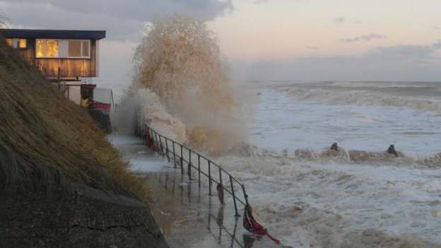 A wave crashed into Mundesley seafront in Norfolk earlier today.