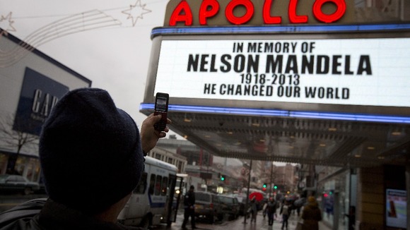 The Apollo Theatre displays a memoriam to the late Nelson Mandela in the Harlem area of New York.